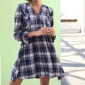 LOFT Plaid Ruffle V Neck Swing Dress Size XS